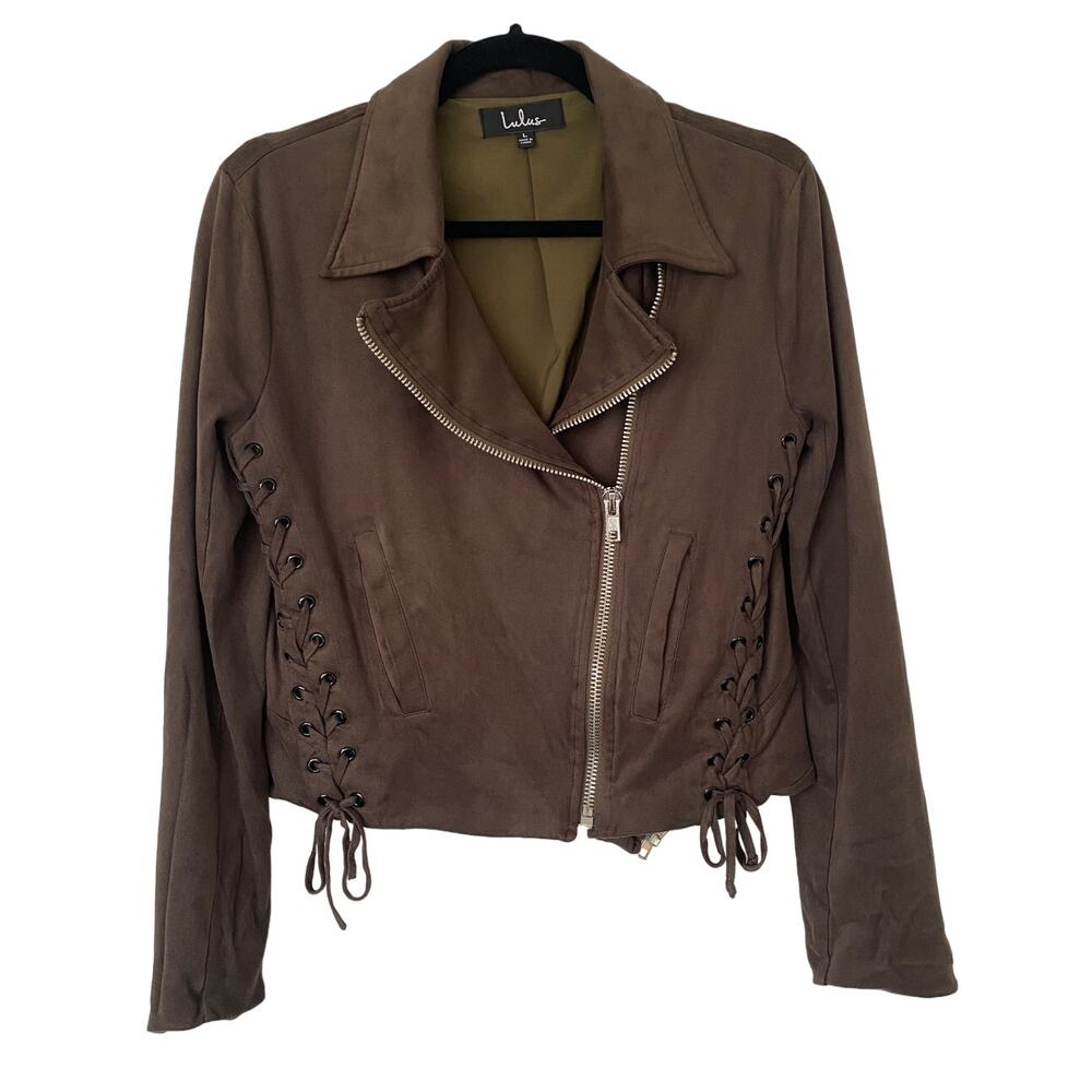 Lulus Dark Green Criss Cross Suede Zip Moto Jacket Large Grunge Edgy Streetwear